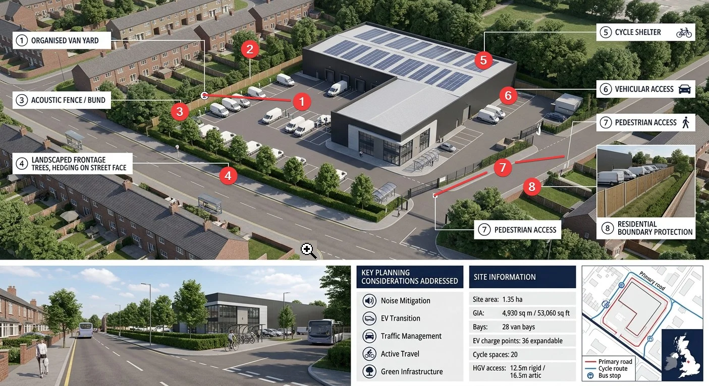 Last-mile depot planning evidence board showing organised van yard, acoustic fence and bund, landscaped frontage, cycle shelter, vehicular access, pedestrian access, residential boundary protection, and site information.