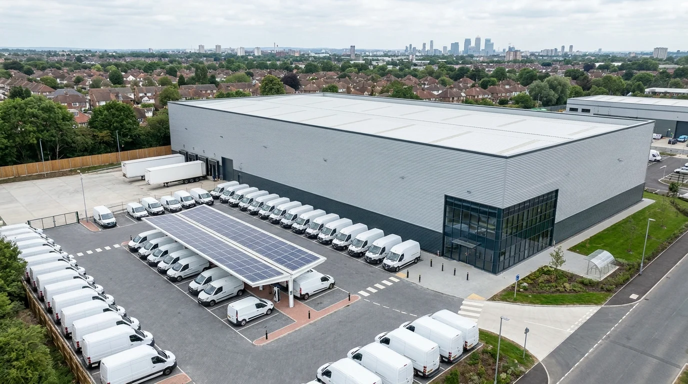 UK urban last-mile parcel depot with herringbone parcel-van bays, EV charging canopy with photovoltaic panels, and suburban skyline beyond