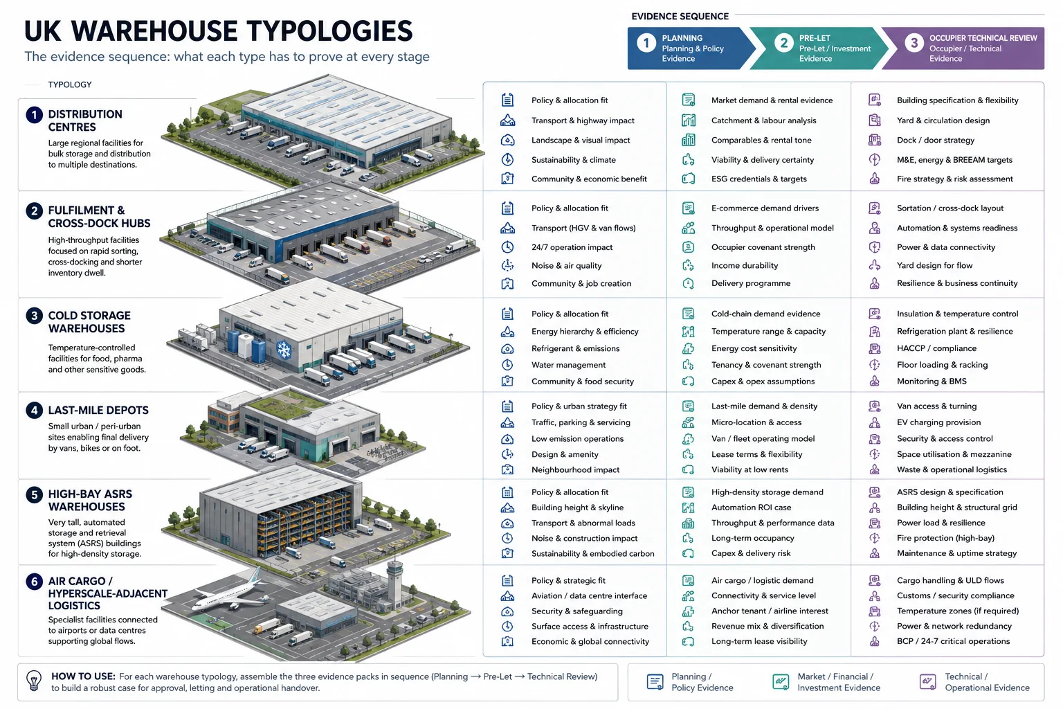 UK warehouse typologies evidence board showing distribution centres, fulfilment and cross-dock hubs, cold storage, last-mile depots, high-bay ASRS warehouses, and air cargo or hyperscale-adjacent logistics mapped to planning, pre-let, and technical review evidence.