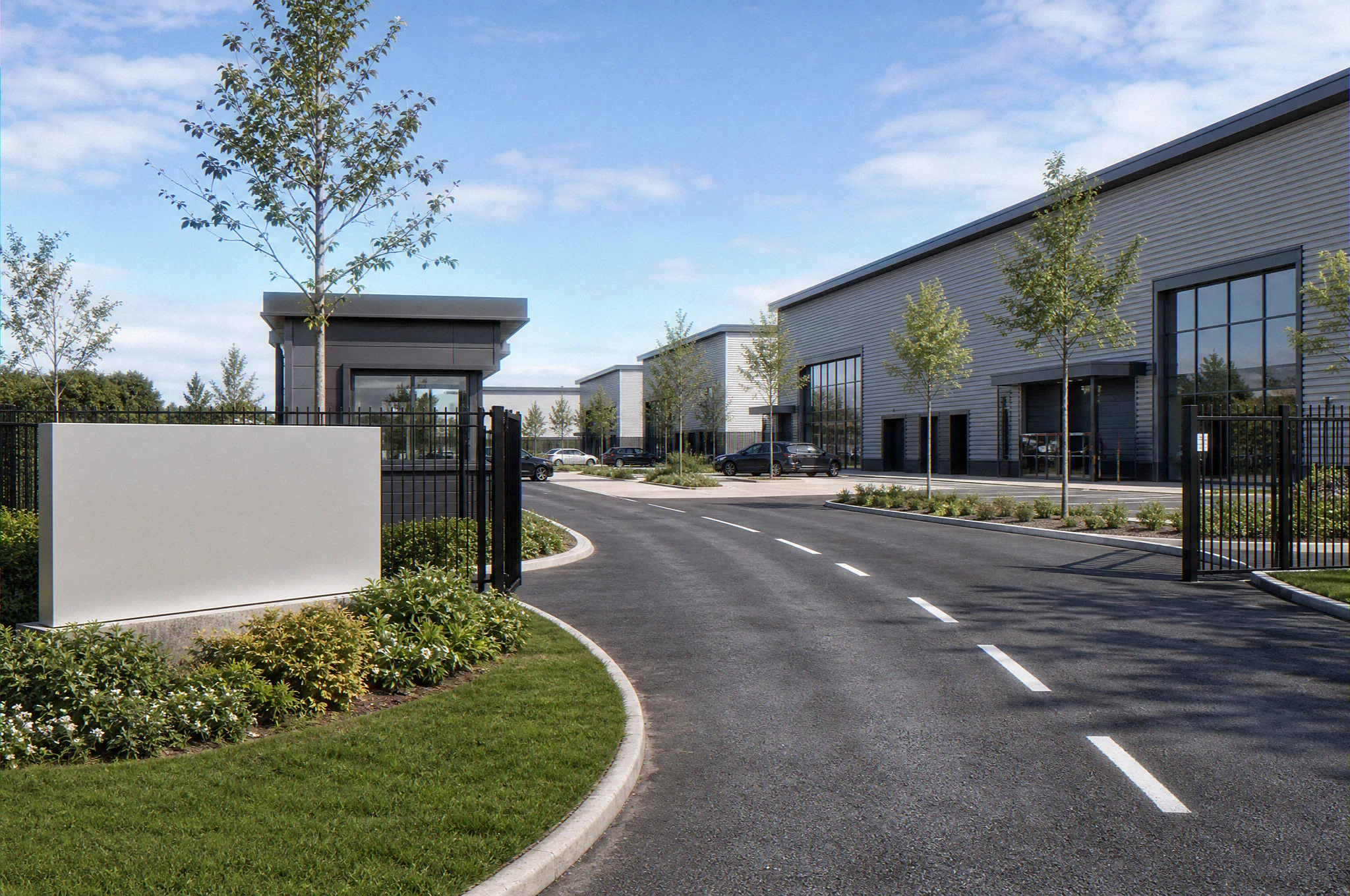 Light industrial estate entrance CGI, a ground-level approach with gatehouse, monument sign, and unit rows, by StratumCGI