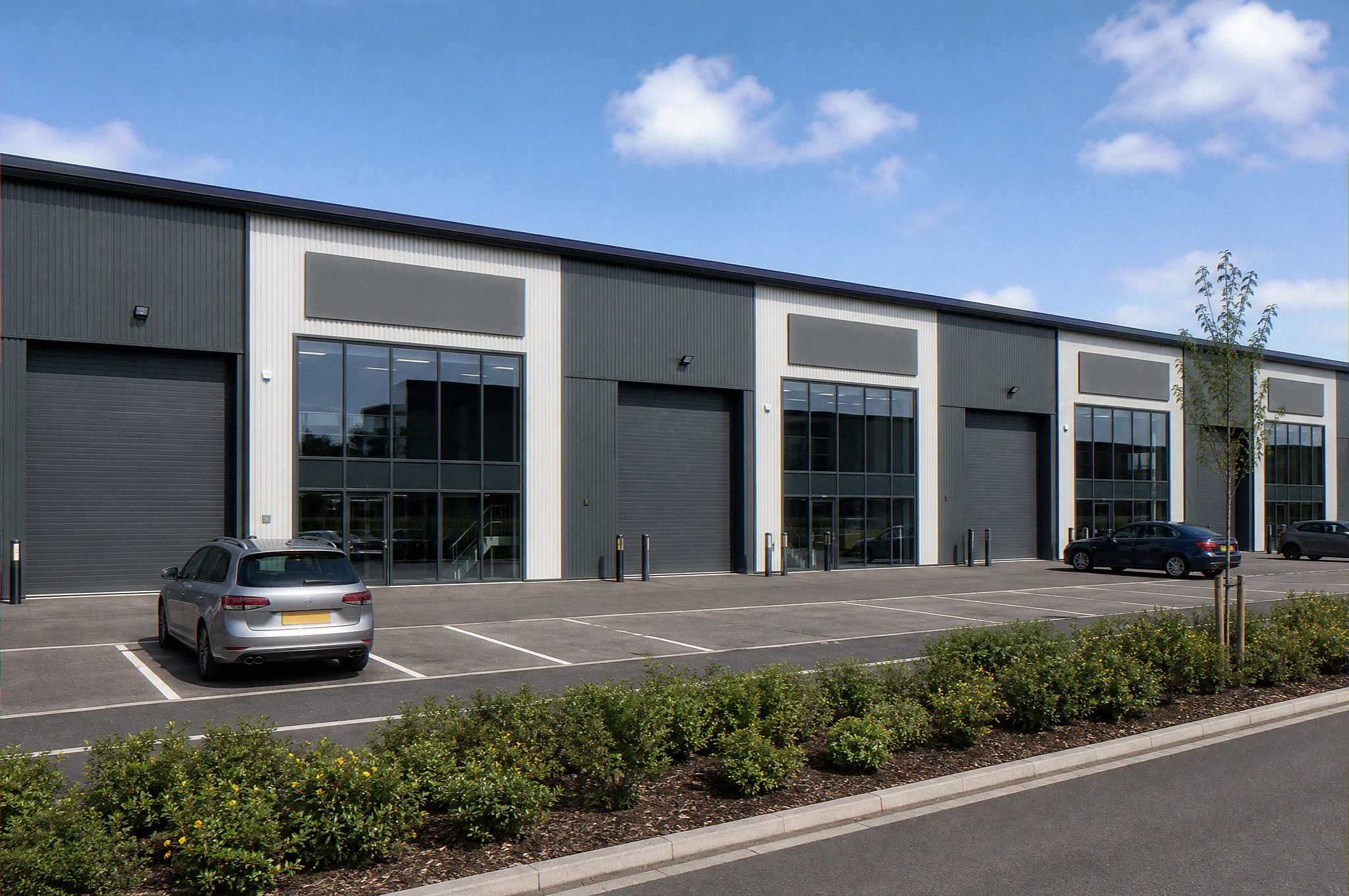 Light industrial multi-unit estate CGI, street-level view of a terrace of light industrial units with roller shutter loading doors, glazed trade counter frontages, signage bands, parking bays, and a landscaped boundary, industrial architectural visualisation by StratumCGI