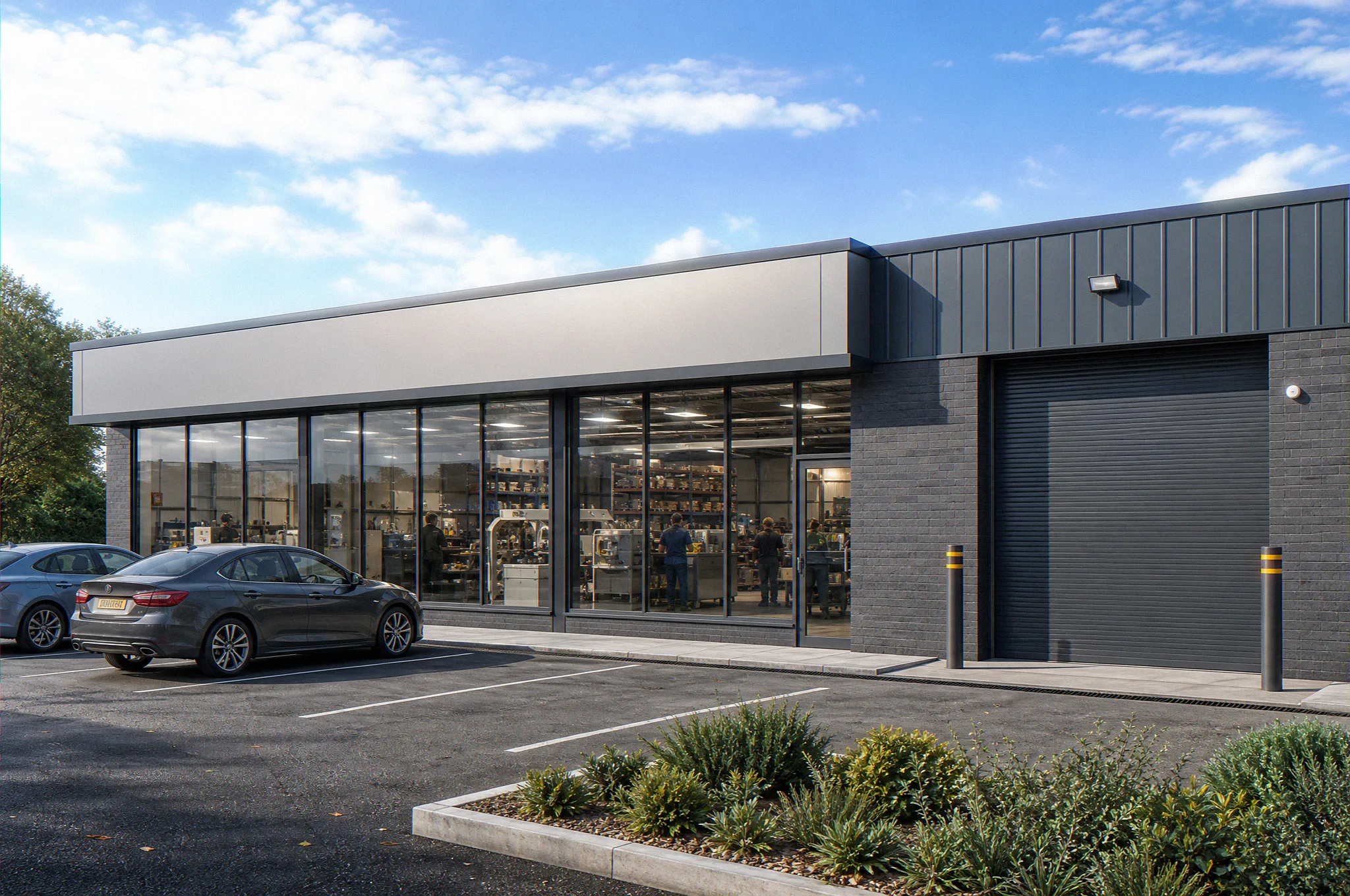 Light industrial trade counter unit CGI, ground level view of a single unit with a glazed customer frontage over a workshop, a roller shutter loading door, customer parking, a signage band, and occupier activity visible through the windows, industrial architectural visualisation by StratumCGI