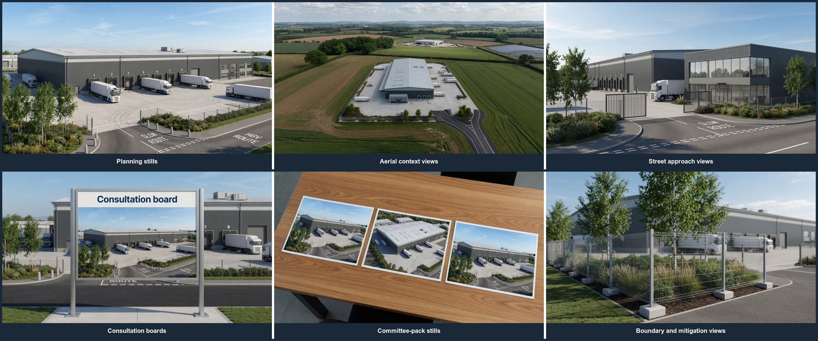Colour six-view planning CGI of the same warehouse after materials and daylight, showing planning stills, aerial context views, street approach views, consultation boards, committee-pack stills, and boundary and mitigation views on the locked cameras