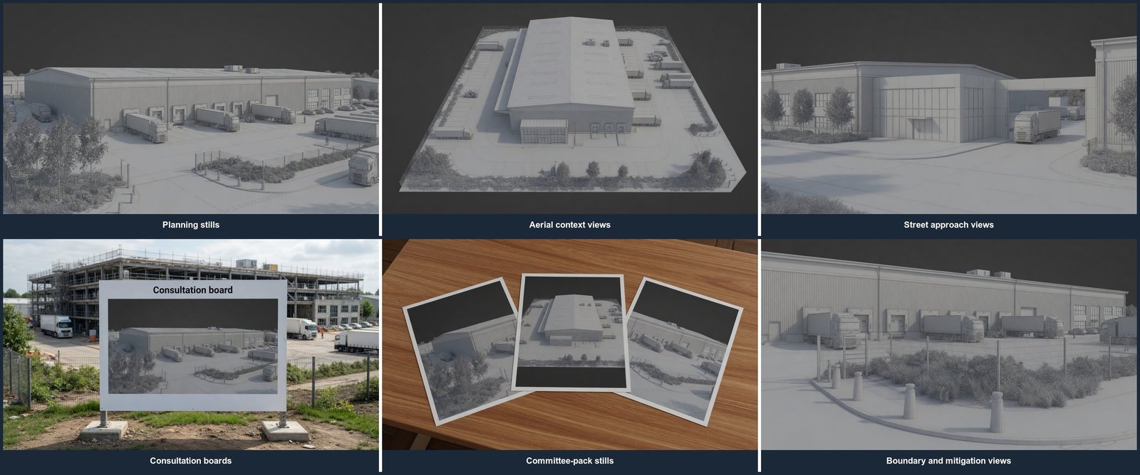 Grey model six-view planning CGI of one warehouse at the geometry-lock stage, showing planning stills, aerial context views, street approach views, consultation boards, committee-pack stills, and boundary and mitigation views before materials
