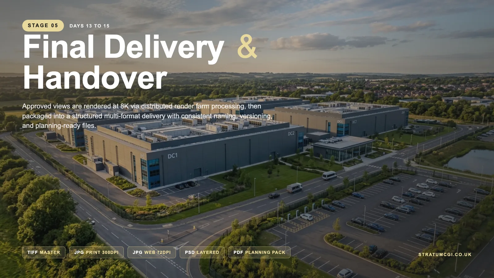 Stage 05 Final Delivery and Handover: StratumCGI hero exterior CGI of a UK hyperscale AI data centre campus delivered at 8K in TIFF, JPG high and web resolution, PSD and planning pack PDF