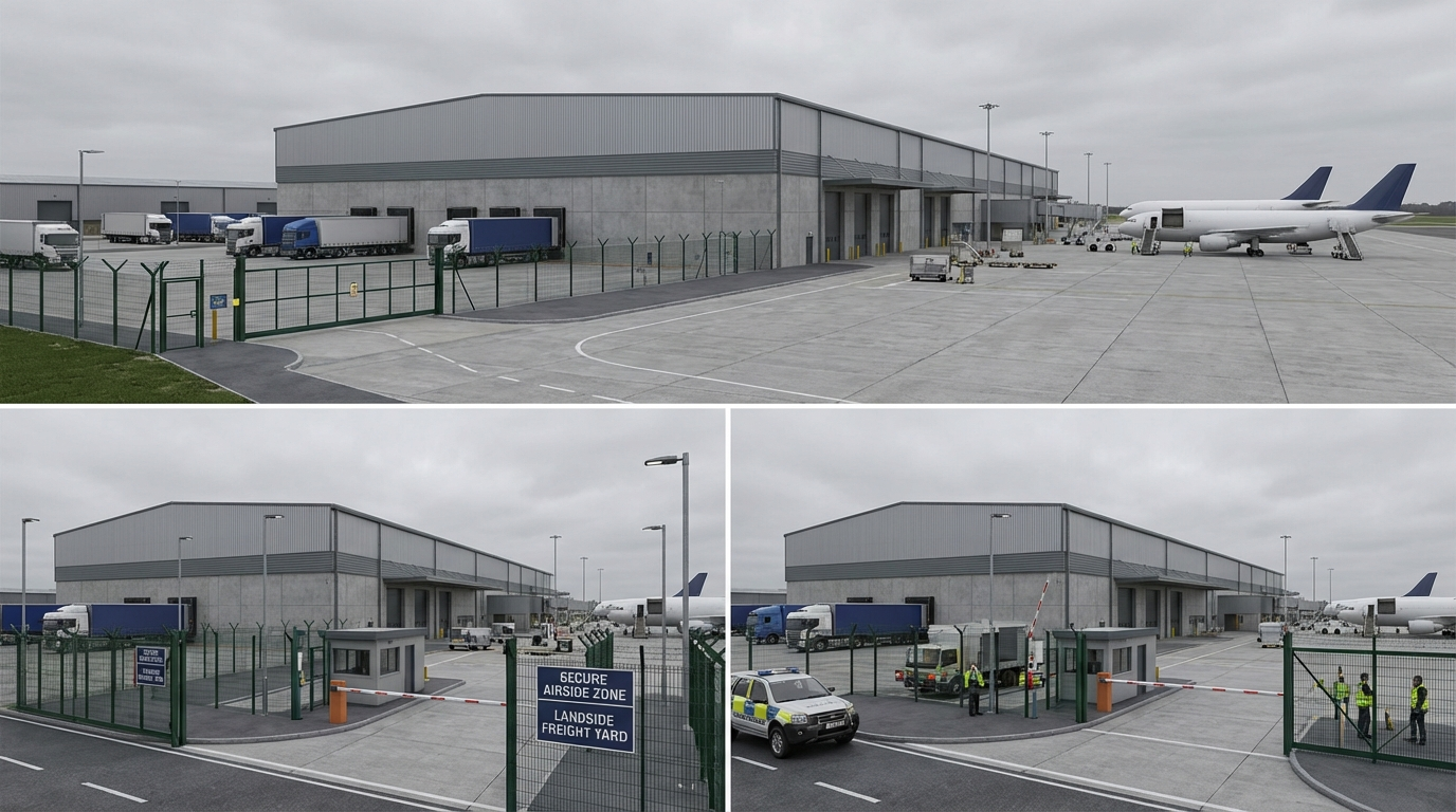 Warehouse CGI showing the same air cargo shell with airside and landside zone separation, proving secure operational control.
