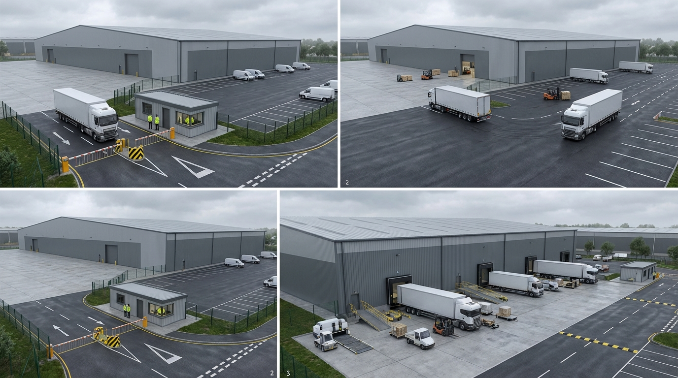 Warehouse CGI showing the same air cargo shell with landside freight circulation, proving the baseline specialist freight operating read.