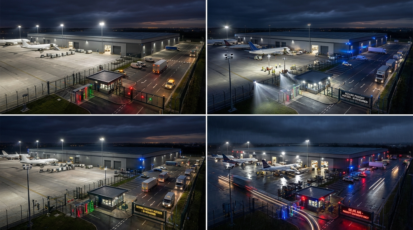 Warehouse CGI showing the same air cargo shell at night with secure freight handling, proving a specialist time-sensitive cargo environment.