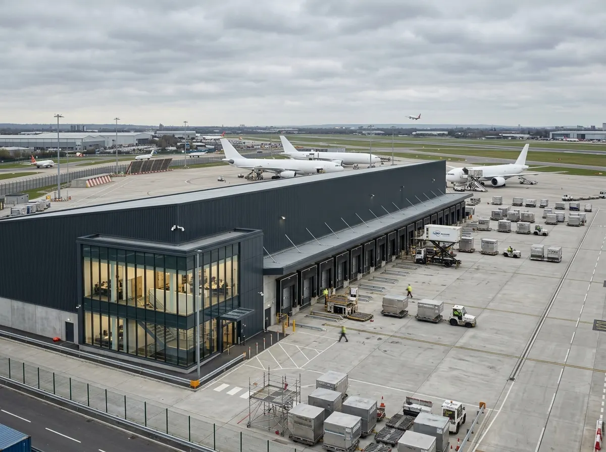 Airport cargo terminal CGI showing a modern cargo building and apron-edge logistics yard