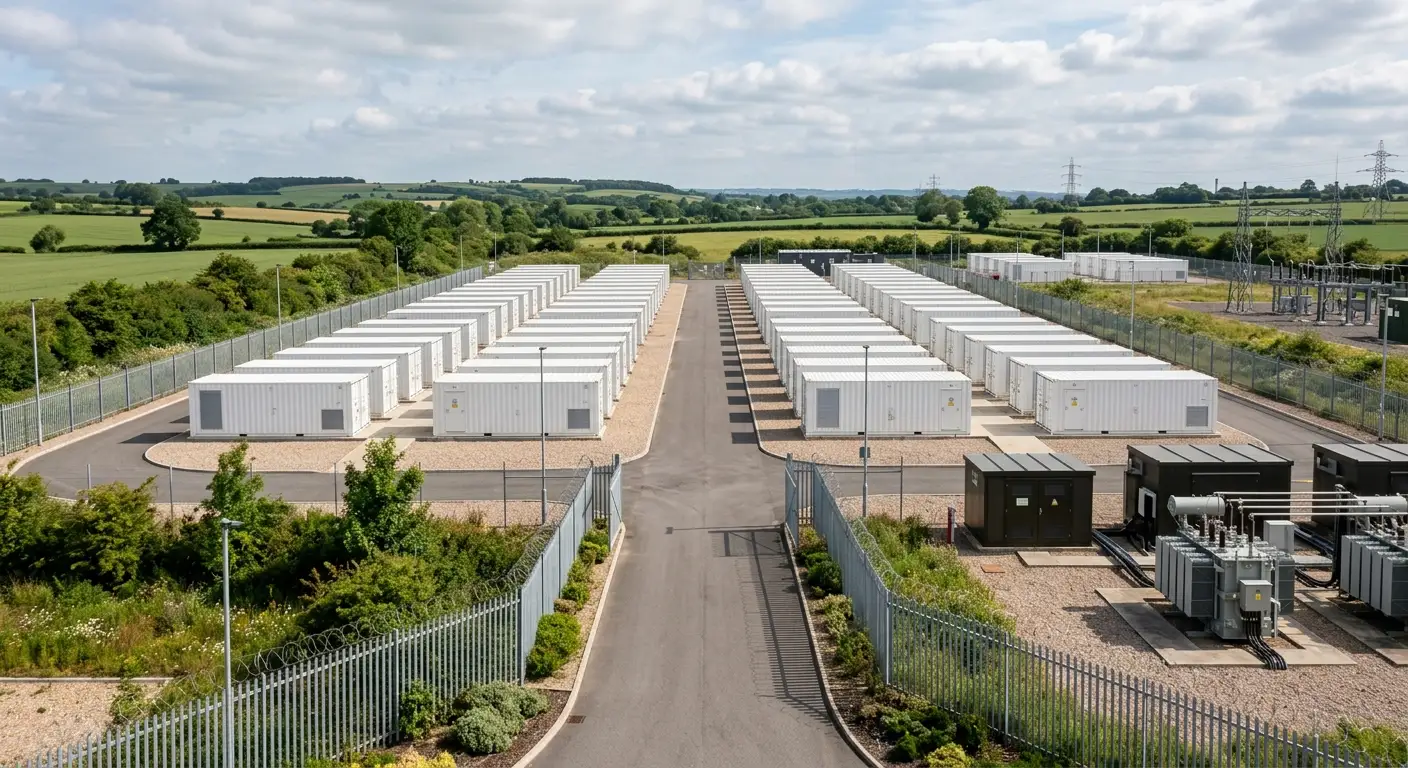 BESS and energy storage CGI, daylight view of battery container rows, secure perimeter fencing, and transformer yard layout for UK planning review