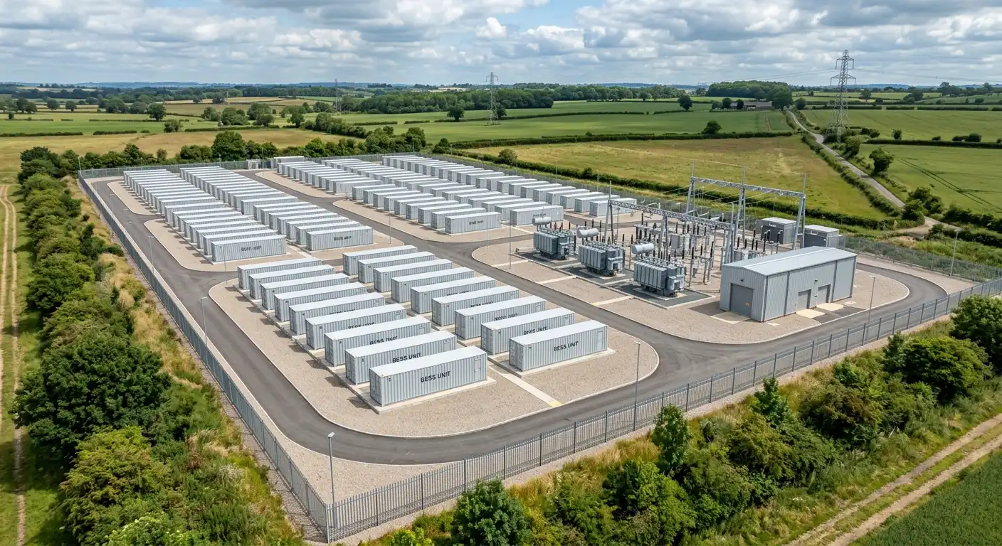 Aerial BESS and energy storage CGI showing full container field, perimeter fencing, and integrated transformer switching compound