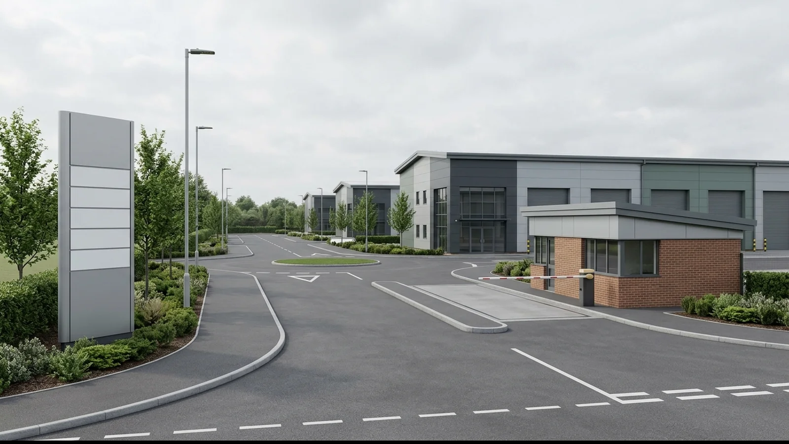 Bristol Industrial Estate CGI ground-level entrance view showing the gatehouse, blank estate signage totem, access road, and the first row of light industrial units, anonymised by StratumCGI