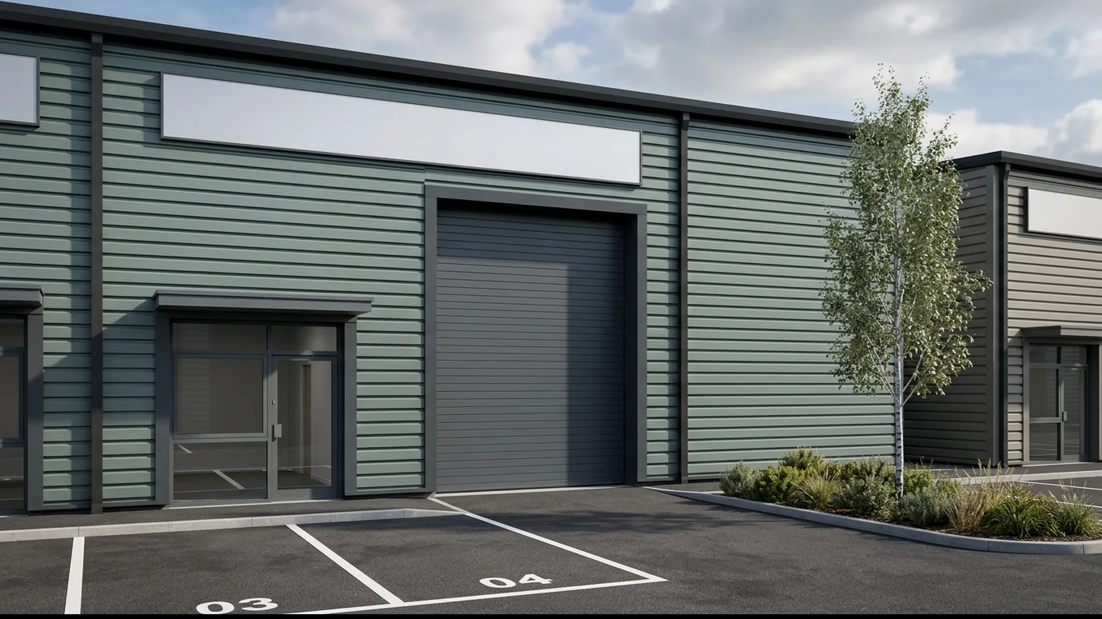 Bristol Industrial Estate CGI close-up frontage of one hero light industrial unit showing slate-green ribbed cladding, anthracite roller shutter, glazed personnel entrance, blank fascia signage zone, and painted parking bays, anonymised by StratumCGI