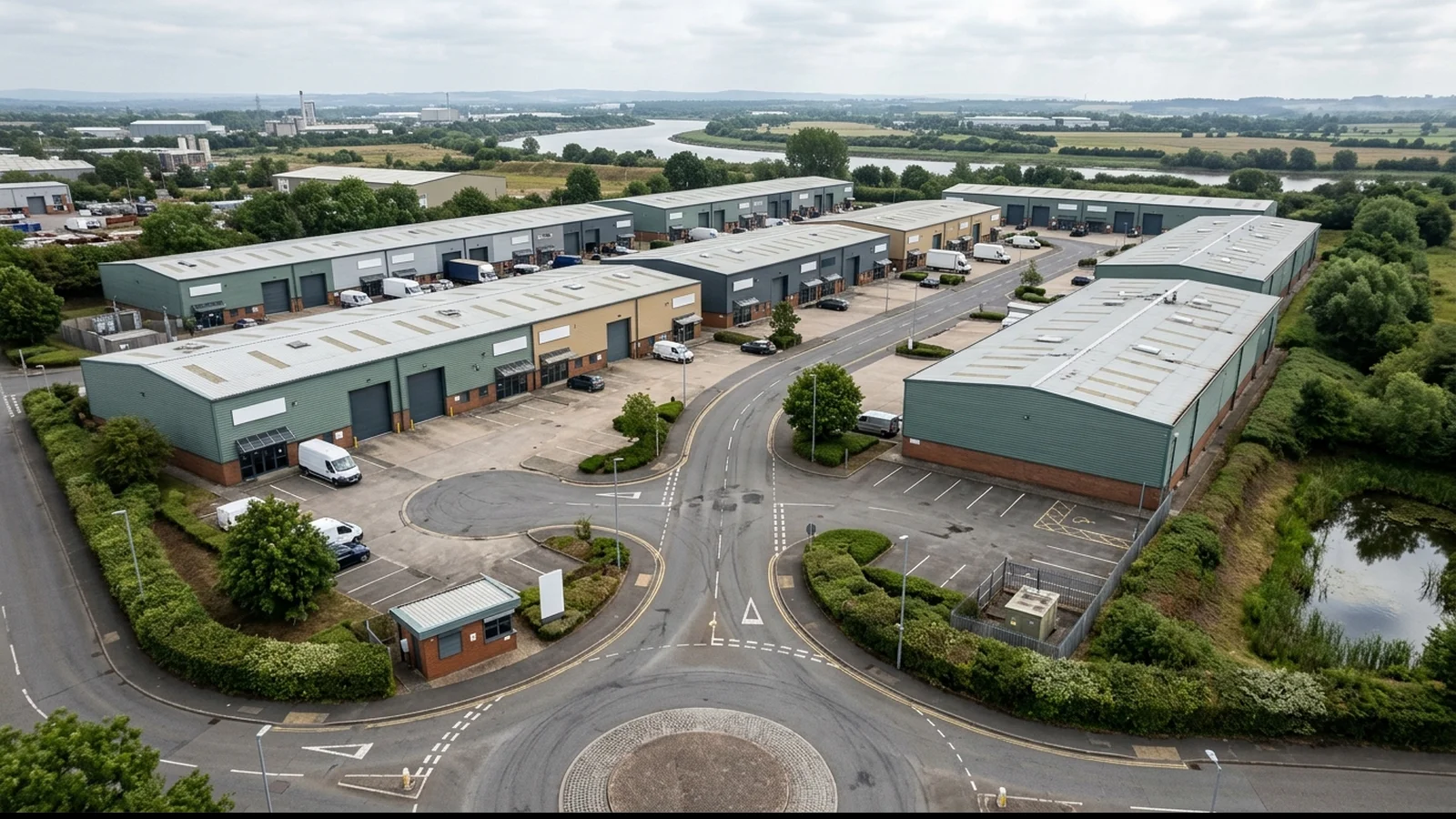 Bristol Industrial Estate CGI high-aerial planning view showing the primary spine road, secondary loop roads, multi-let unit rows, surface-water attenuation pond, and urban-edge boundary, anonymised by StratumCGI