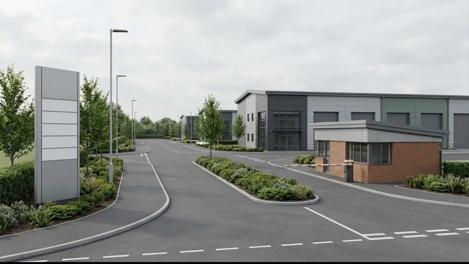 Industrial Estate CGI entry-reconfiguration variant ground-level rendering showing a revised gatehouse position, reorganised access road geometry, and retained light industrial unit envelopes along the shared estate road, anonymised by StratumCGI