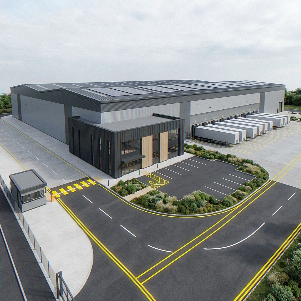 Photorealistic architectural CGI render of a modern UK build-to-suit logistics warehouse, showcasing coordinated 3D model hotspots for security gatehouse, roof solar PV array, glazed office frontage, and loading dock yard.