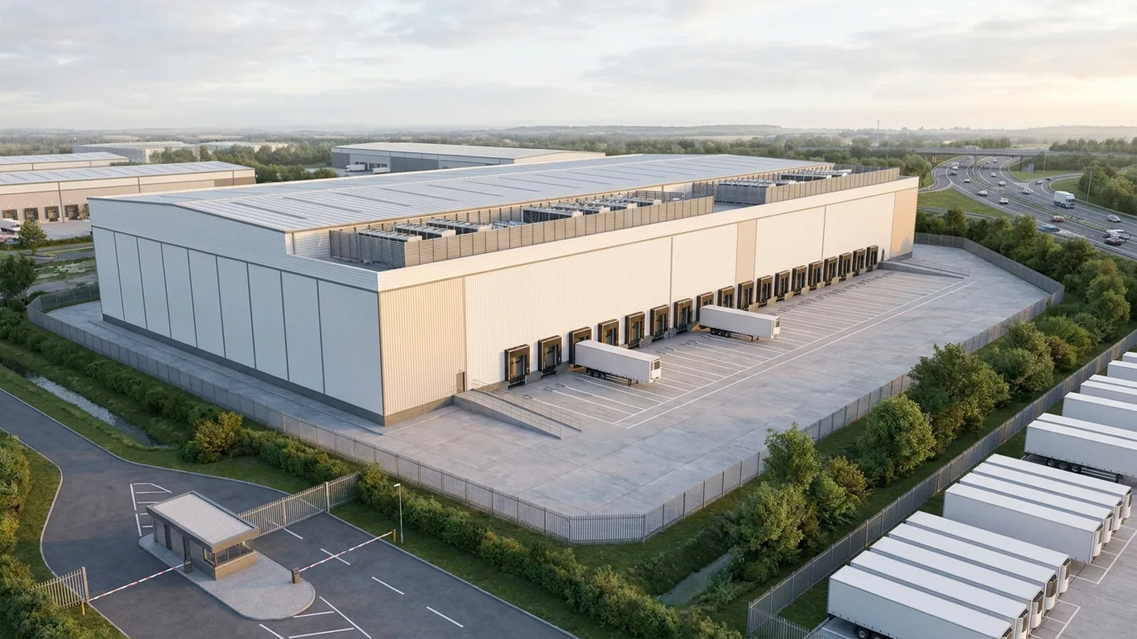 Public refrigerated warehouse CGI showing a speculative PRW building envelope with insulated metal panel cladding, segregated chilled and ambient yards, and roof-mounted refrigeration plant for a third-party logistics operator such as Lineage or Constellation, industrial architectural visualisation by StratumCGI