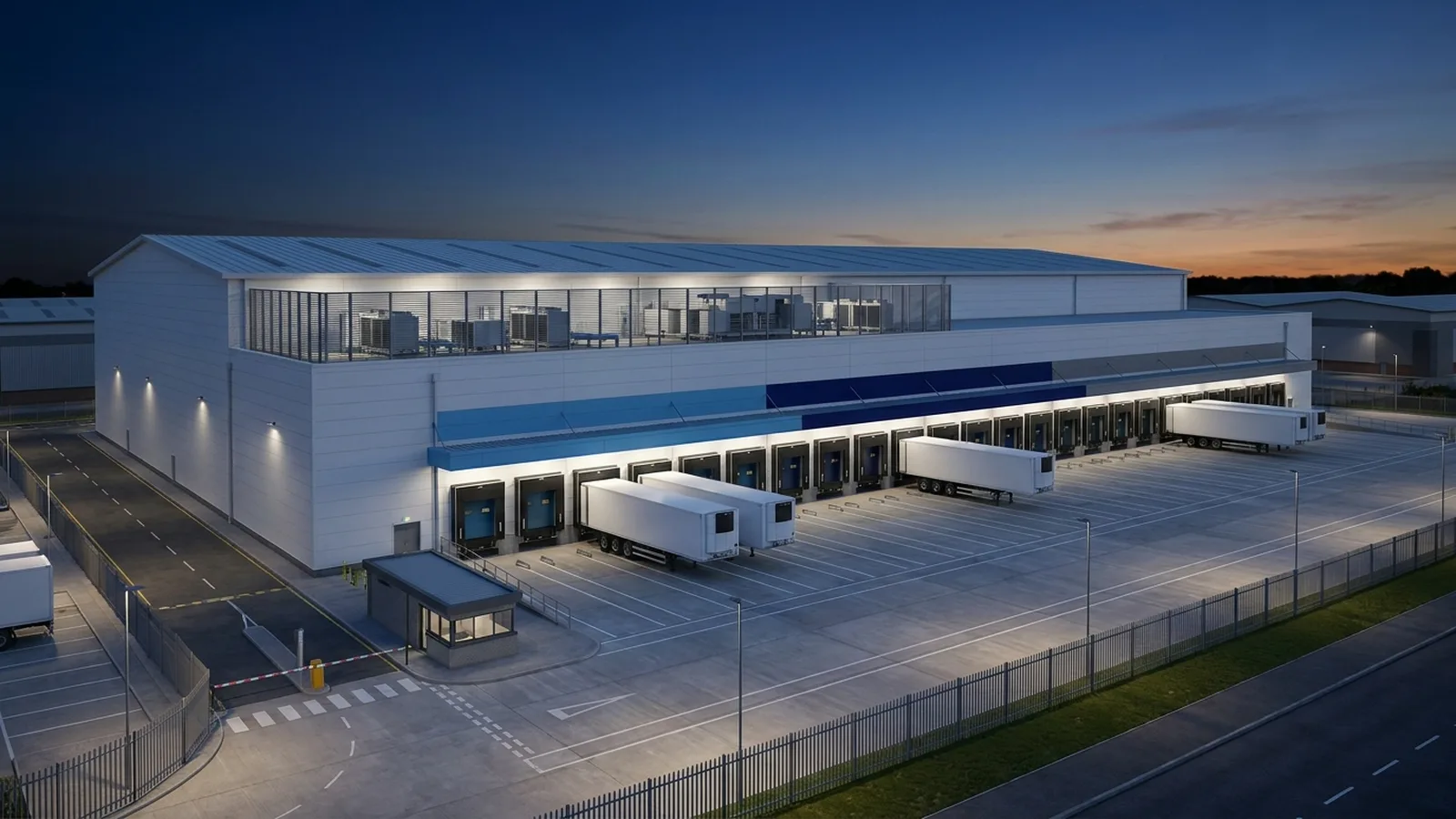 Multi-temperature cold store CGI showing a cross-dock grocery distribution centre with chilled one to four degree, ambient fifteen to twenty-five degree, and frozen minus eighteen to minus twenty-five degree zones split across segregated dock faces, dock seals and dock levellers at correct opening sizes, and night service yard movements for occupiers such as Tesco, Asda, Morrisons, Bidfood, and Brakes, industrial architectural visualisation by StratumCGI