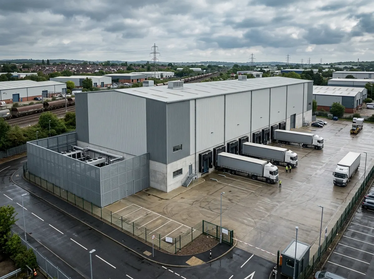 Cold storage facility CGI showing insulated envelope, plant screening, and service yard for a temperature-controlled logistics building, industrial architectural visualisation by StratumCGI
