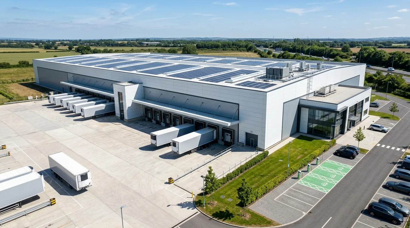 Photoreal CGI of a UK cold storage facility by StratumCGI, showing insulation envelope, dock-thermal seals, and plant deck