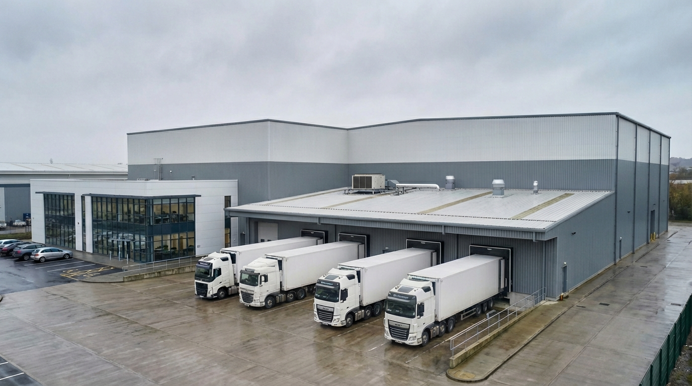 Warehouse CGI showing the same cold-storage shell in a base chilled configuration, proving the baseline cold-chain development position.