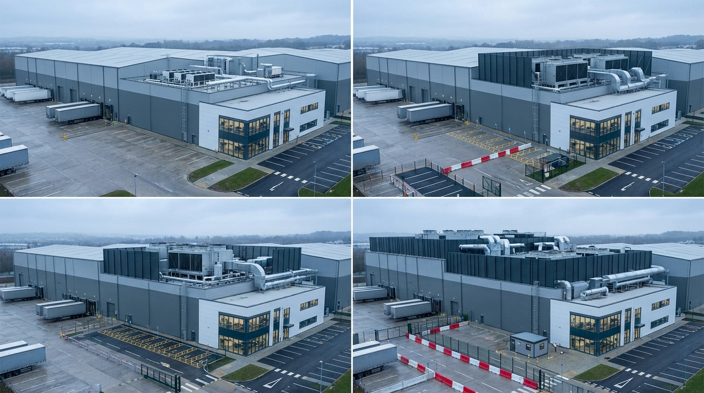 Warehouse CGI showing the same cold-storage shell with enhanced plant and screening, proving a more intensive temperature-controlled brief.