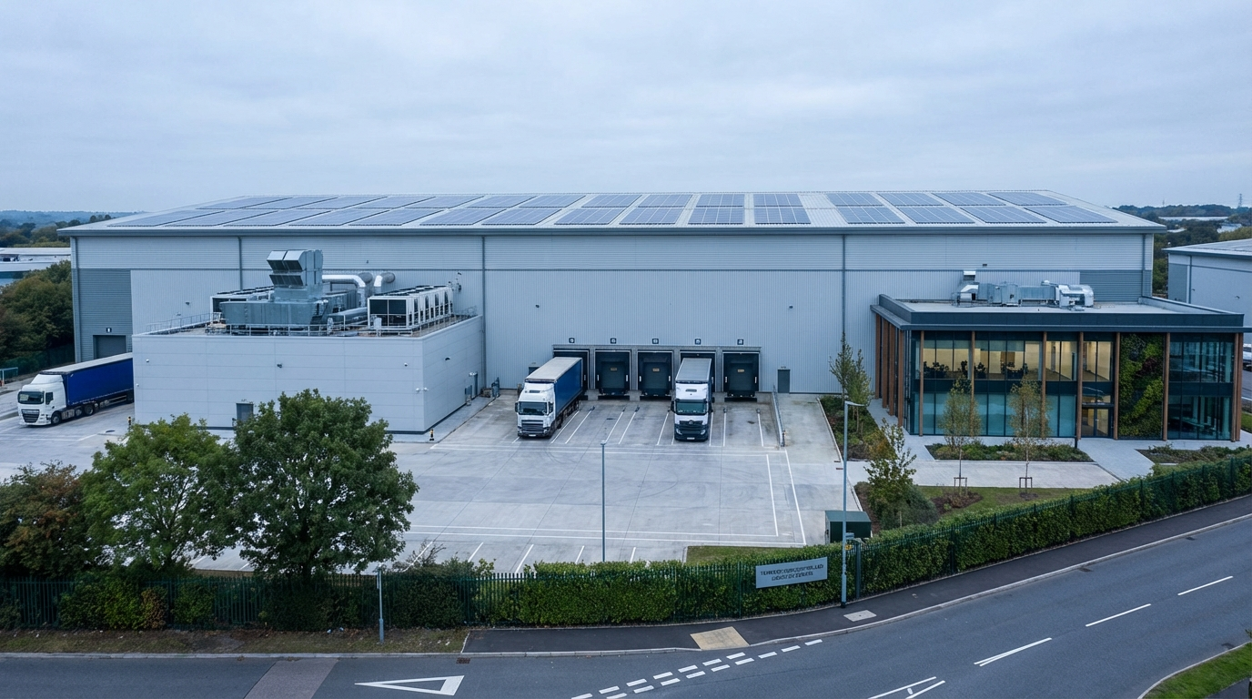 Warehouse CGI showing the same cold-storage shell with ESG-led upgrades, proving a greener specialist cold-chain position for investors and occupiers.