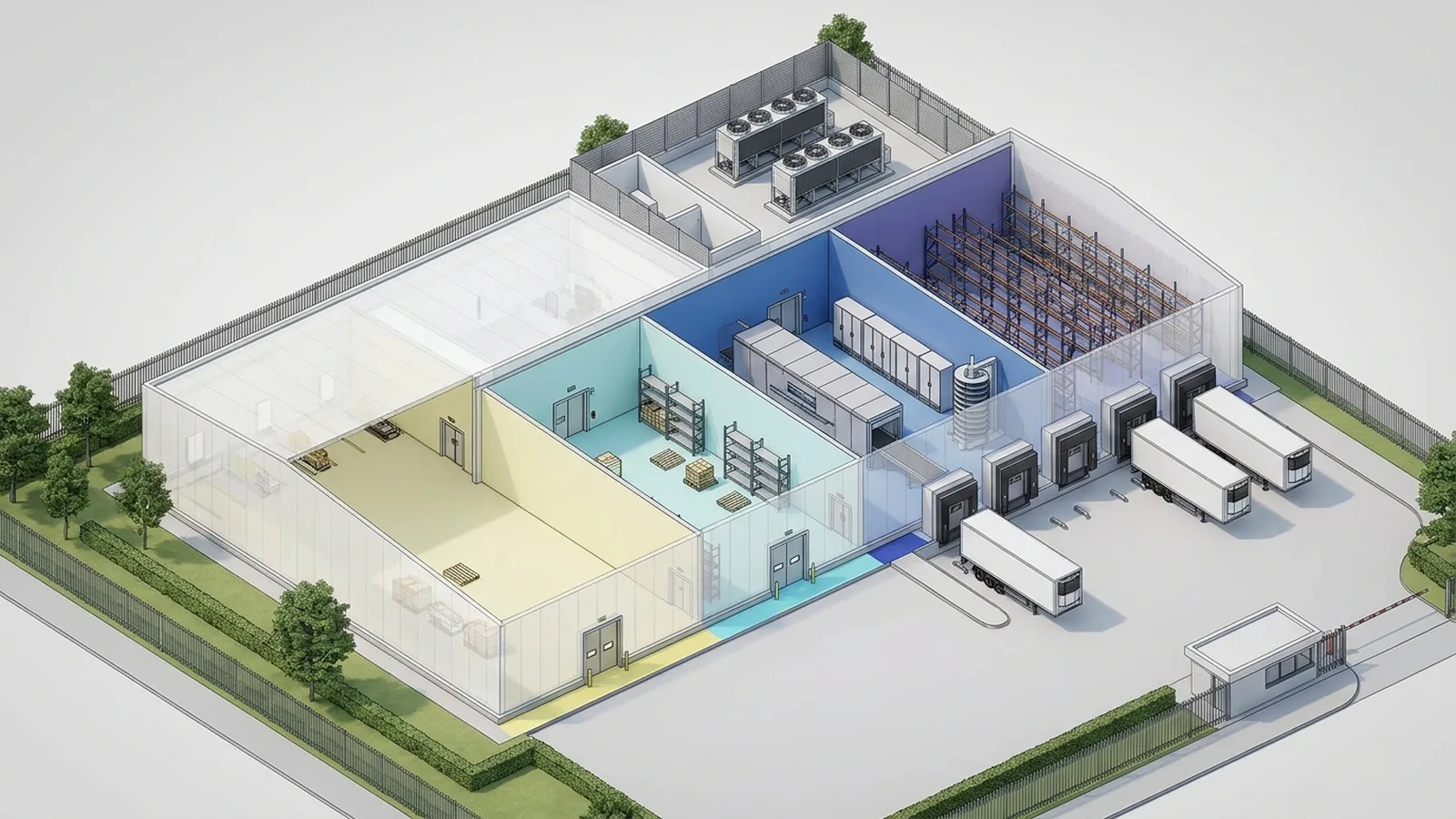 Blast freezer facility CGI showing an isometric semi-transparent cutaway of a UK industrial blast freezer building with ambient receiving, chilled holding, a blast freezer hall containing freeze tunnel and plate and spiral freezers at minus 30 to minus 40 degrees, frozen storage, an externally-accessed ammonia plant room with acoustic enclosure, and a rooftop refrigeration plant deck with ammonia and CO2 cascade condensers, industrial architectural visualisation by StratumCGI