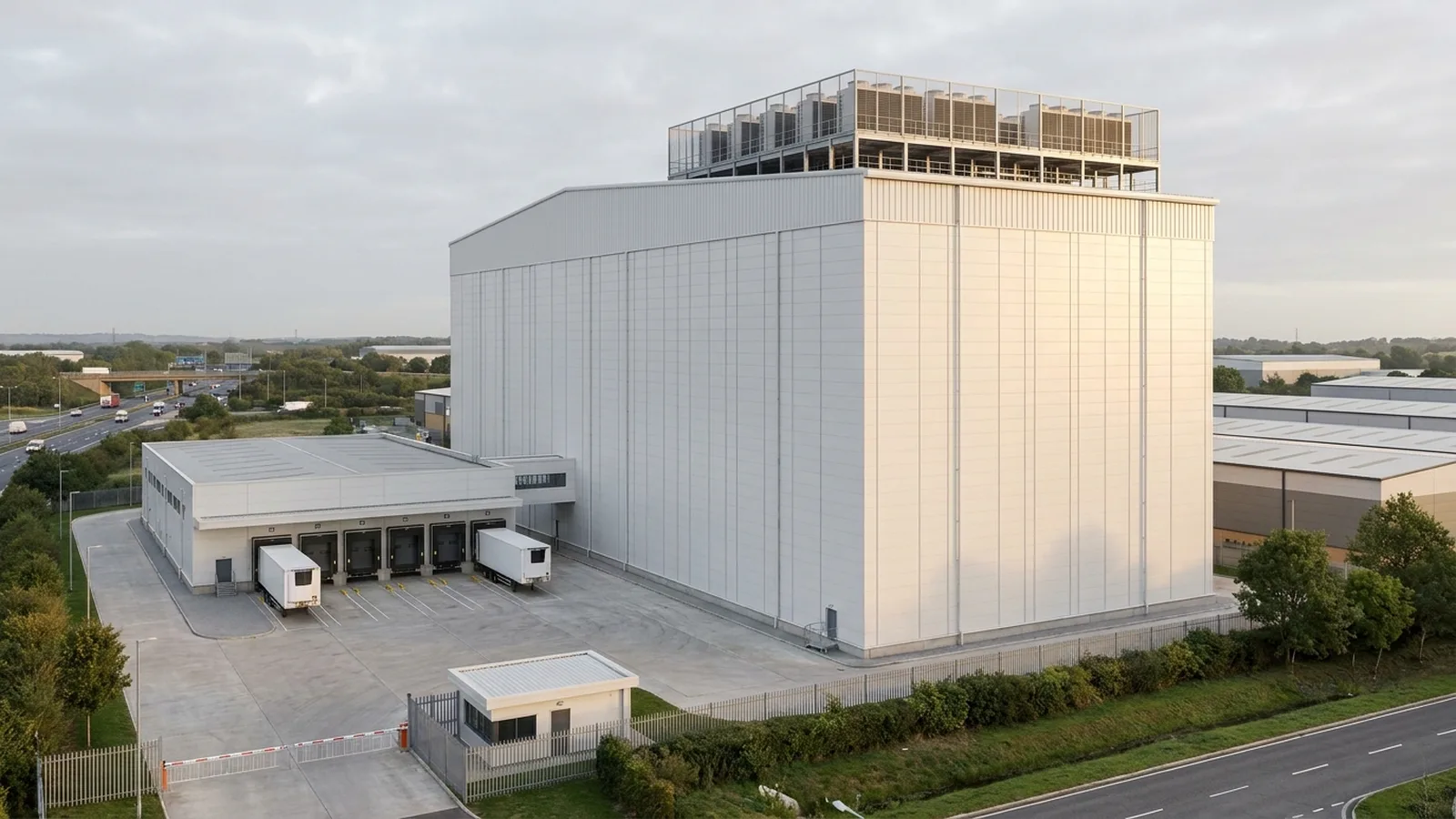 High-bay ASRS cold store CGI showing a tall single-volume rack-clad freezer with thirty to forty-six metre clear internal height, narrow footprint, prominent rooftop plant deck, and stacker crane automated storage and retrieval envelope referenced against NewCold Wakefield, industrial architectural visualisation by StratumCGI