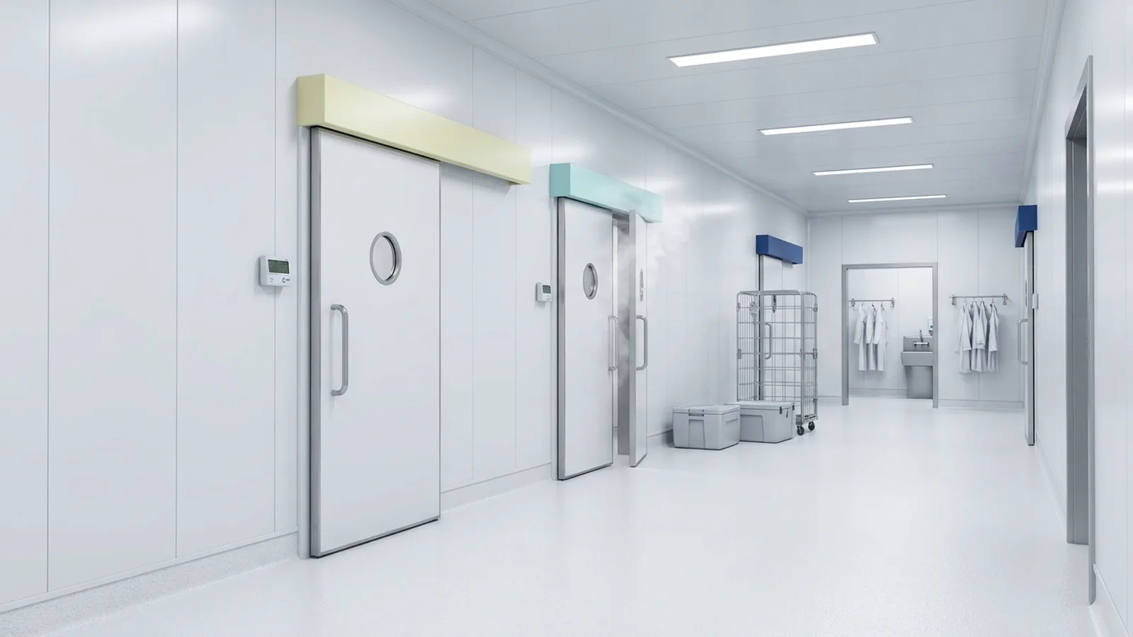 Pharmaceutical cold storage interior CGI showing a validated cold-chain corridor between three sealed temperature-zone airlock doors for ambient, chilled two to eight degree, and ultra-low temperature minus eighty degree zones, white hygienic insulated metal panel walls, white epoxy floor, recessed LED lighting, and a personnel airlock at the far end, industrial architectural visualisation by StratumCGI