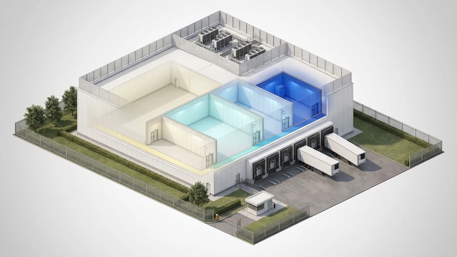 Pharmaceutical cold storage isometric CGI showing a semi-transparent cutaway of a UK GDP compliant cold-chain facility with four colour-coded validated temperature zones inside one envelope (ambient fifteen to twenty-five degrees, chilled two to eight degrees, frozen minus twenty degrees, and ultra-low temperature minus eighty degrees), rooftop refrigeration plant, smaller pharma dock face, controlled gatehouse, and conservative landscape, industrial architectural visualisation by StratumCGI