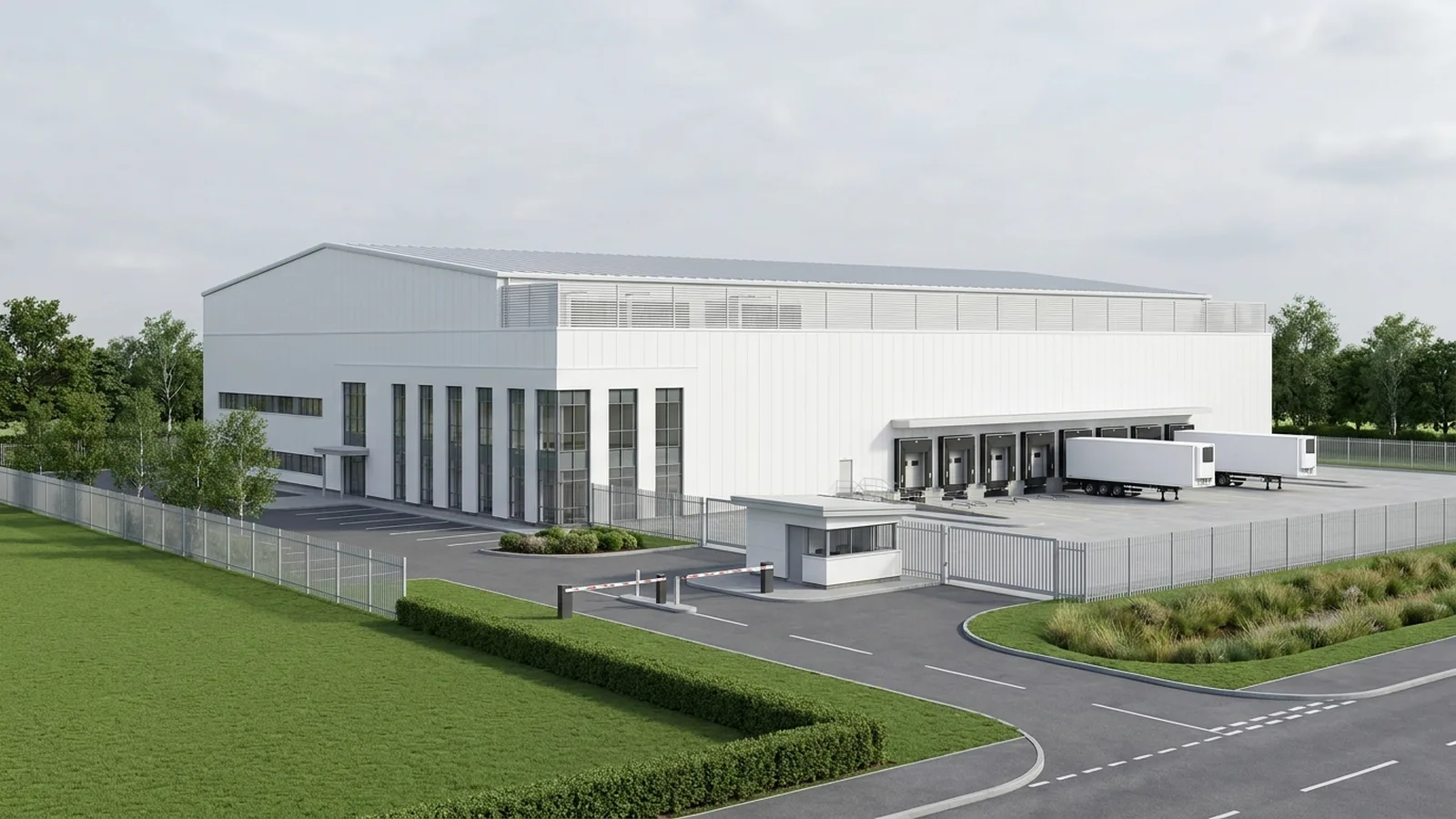 Pharmaceutical cold storage CGI showing a GDP compliant cold chain facility with white insulated metal panel envelope, controlled gatehouse, parapet plant screen, and validated temperature zones for two to eight degree storage and ultra-low temperature minus eighty degree rooms for occupiers such as UPS Healthcare or DHL Supply Chain, industrial architectural visualisation by StratumCGI