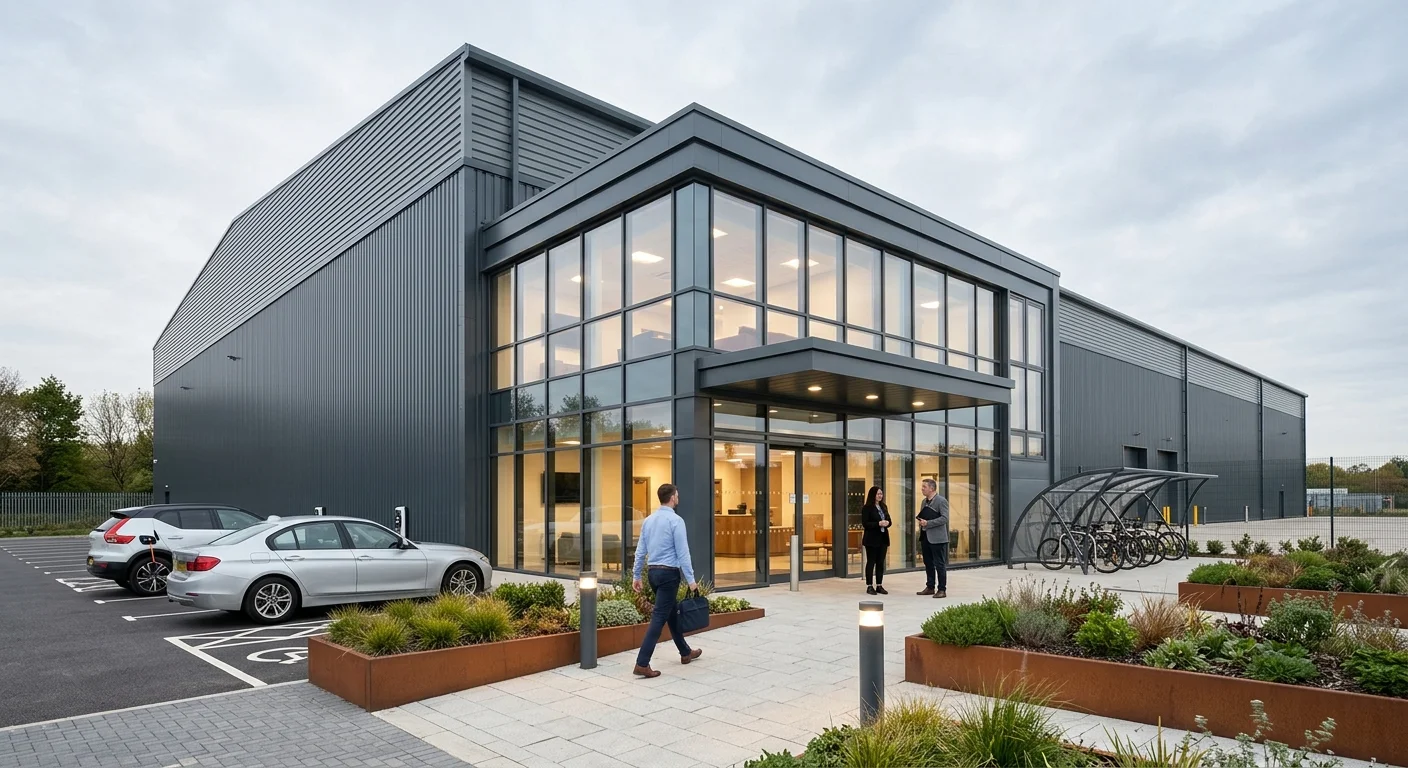 Distribution centre office frontage CGI, ground-level leasing hero view of a two-storey glazed reception block attached to a large-format logistics shed, clean dark grey profiled metal cladding, fully glazed double-height reception lobby with slim steel mullions and warm interior lighting, concrete block paving, low landscape planting in steel planters, bollards, visitor car park with a white electric SUV on a charging bay, two employees walking toward the entrance, bicycle racks, soft morning daylight under overcast British sky, industrial architectural visualisation by StratumCGI
