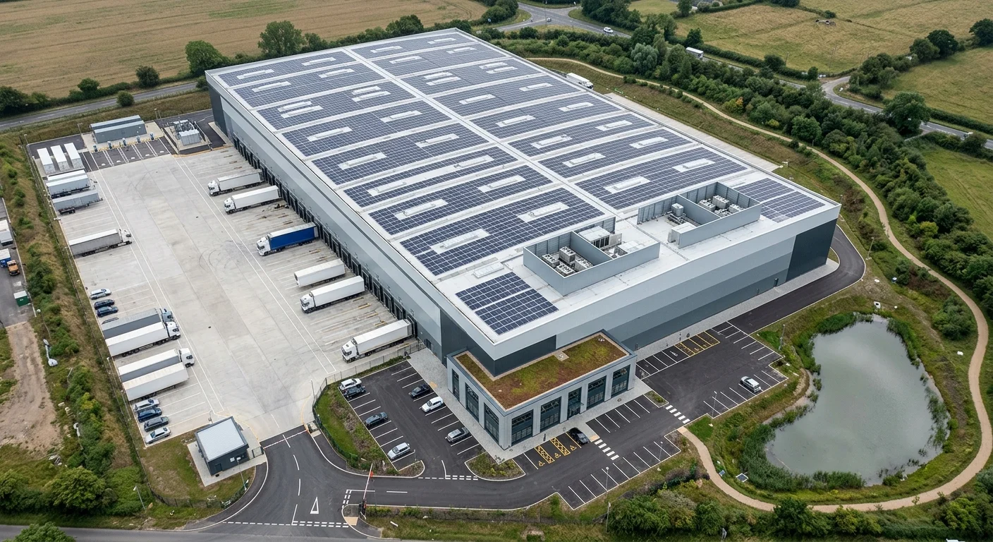 Distribution centre sustainability CGI, high-altitude aerial view of a 300,000 sq ft logistics shed with a full rooftop photovoltaic solar PV array, rooftop plant enclosures for HVAC and air-source heat pumps, deep concrete service yard with articulated HGV trailers at the dock face, a dedicated electric HGV charging compound with battery energy storage, green roof on the two-storey office block, attenuation pond with reed planting, landscape bund with mature trees, and EV charging spaces in the visitor car park, industrial architectural visualisation by StratumCGI