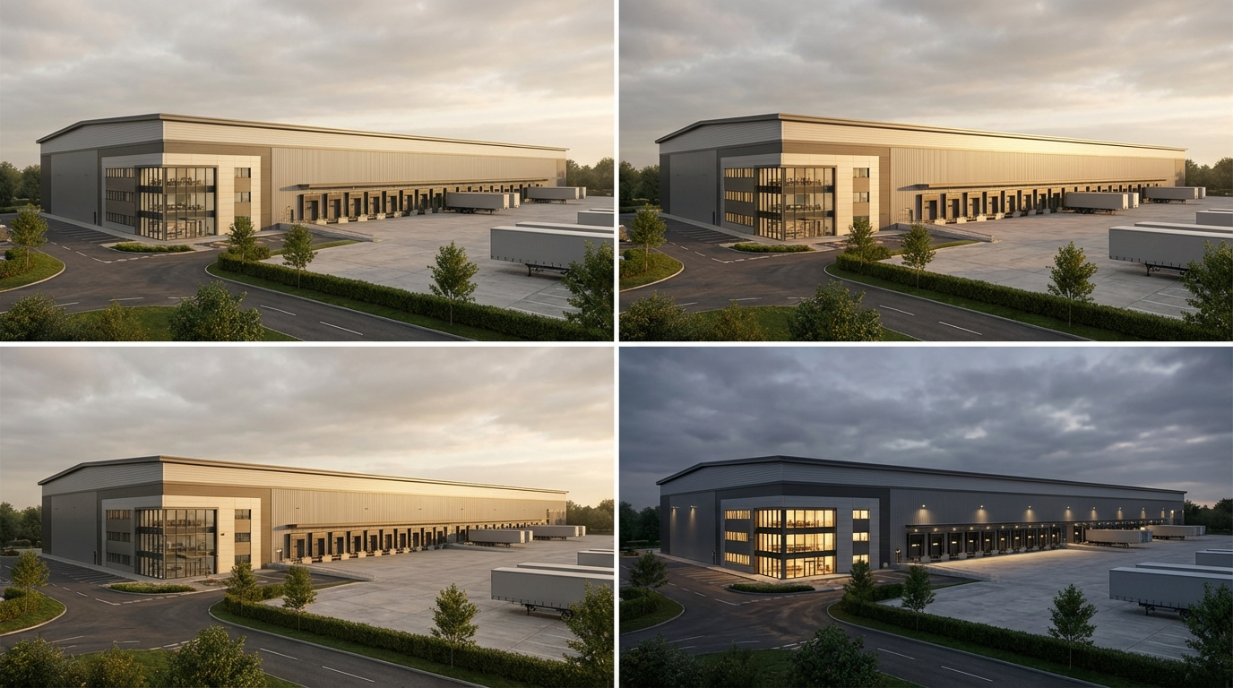 Warehouse CGI showing the same distribution centre shell positioned for leasing and portal marketing, proving occupier-facing appeal without geometry change.