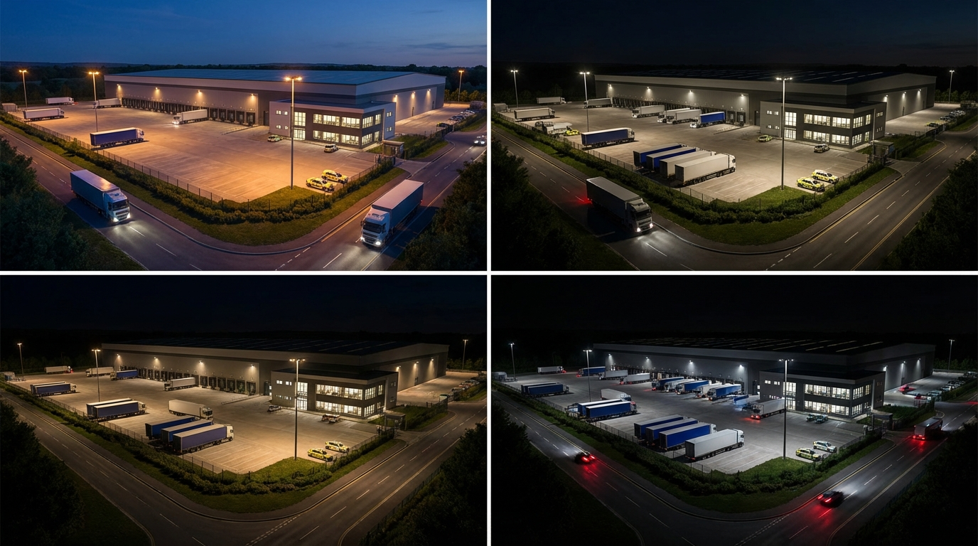 Warehouse CGI showing the same distribution centre shell at night with secure yard lighting, proving 24-hour operational credibility.