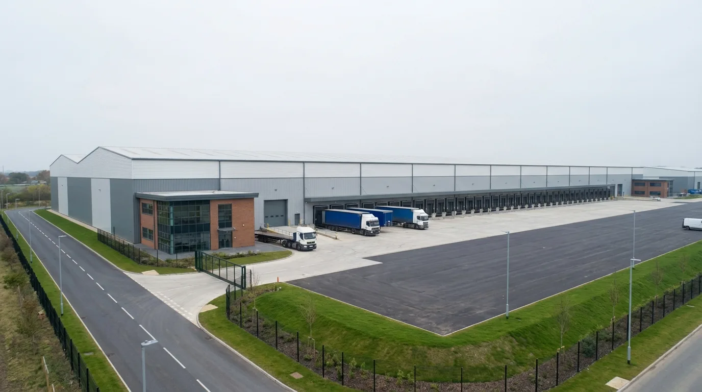 Distribution centre CGI, planning-neutral verified exterior view of a large-format logistics shed with full dock line, articulated HGV trailers reversed onto dock levellers, 50-metre deep concrete service yard, landscape buffer, and office frontage, proving pallet-throughput geometry for planning officer review, industrial architectural visualisation by StratumCGI