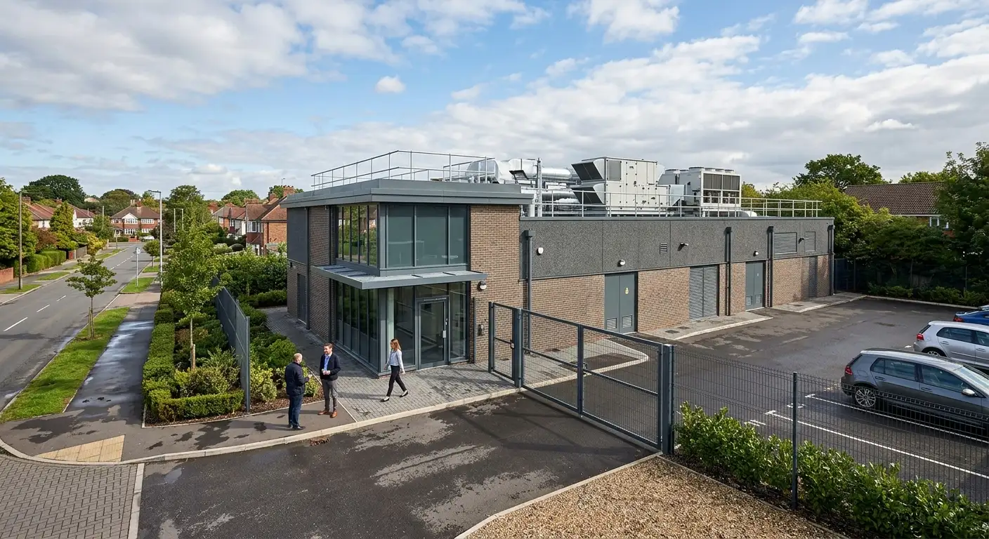 Edge data centre and colocation facility CGI daylight ground-level view showing office frontage, compact massing, perimeter security, and cooling plant