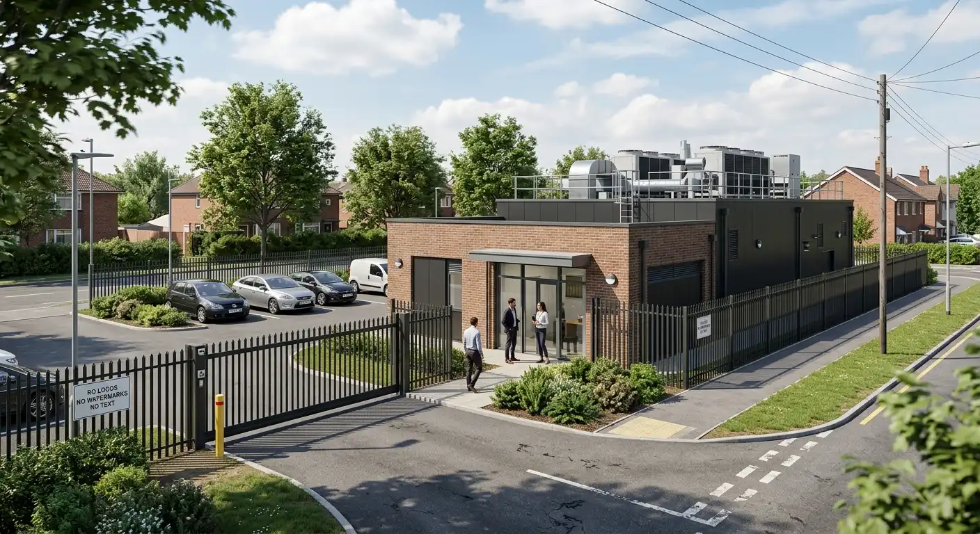 Electrical substation CGI daylight view showing acoustic screening, landscape buffers, perimeter security, transformer compound, and switchgear building context