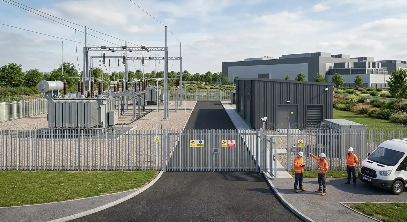 Electrical substation CGI daylight ground-level view showing transformer compound, switchgear building, and perimeter security for a data centre grid connection