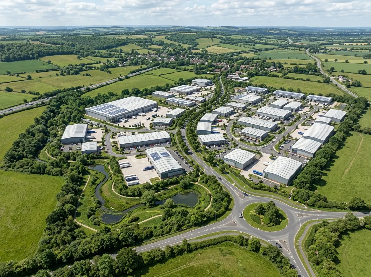 Employment land masterplan CGI showing a large industrial development from above