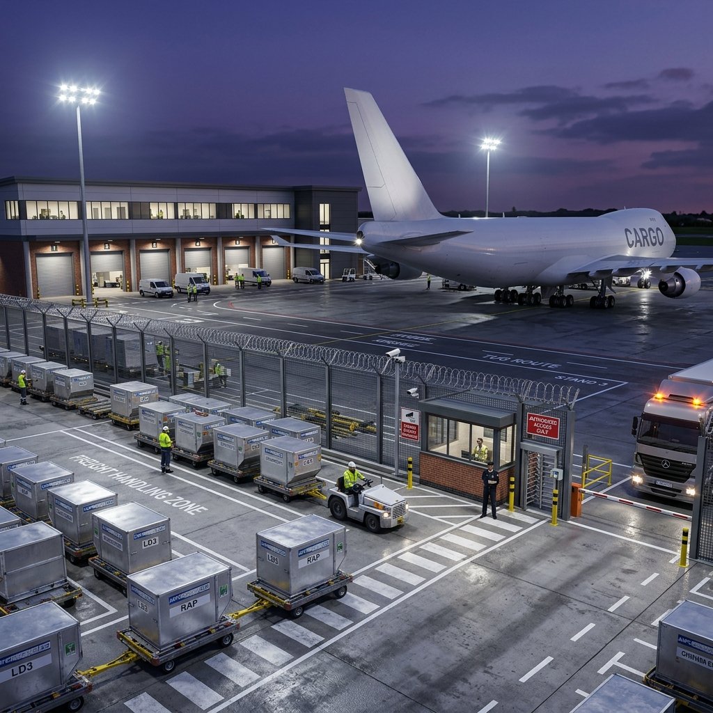 Freight Pack CGI showing air cargo terminal zone separation at dusk