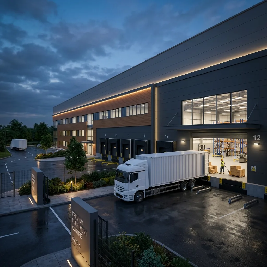 Fulfilment centre CGI, ground-level dusk exterior view of a two-storey fulfilment building with illuminated office frontage, numbered dock doors 10, 11 and 12, a white articulated HGV reversed into dock 12, a lit interior showing racking and a hi-vis worker stacking cartons, wet tarmac, and landscape planting with a monument sign in the foreground, industrial architectural visualisation by StratumCGI