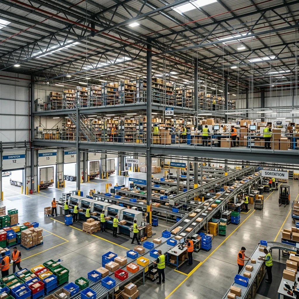 Fulfilment hub interior CGI, elevated wide view of a UK e-commerce warehouse with twin ground-floor parcel sortation conveyors flanked by hi-vis pickers loading totes and cages, and an upper steel mezzanine packed with pick-pack shelving under exposed roof trusses, industrial architectural visualisation by StratumCGI