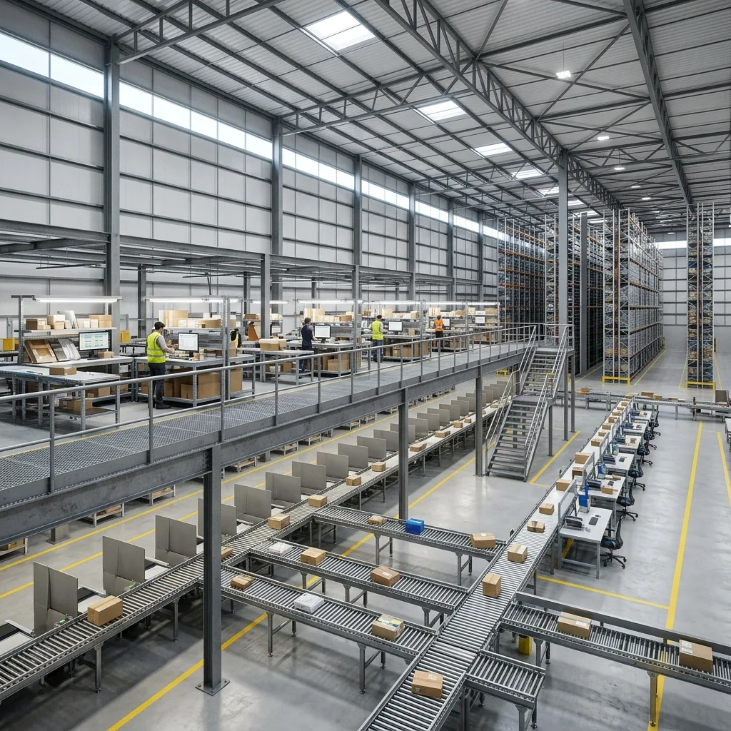 Fulfilment centre interior CGI, elevated wide view of a pristine developer-grade warehouse shell with ground-floor roller conveyors fanning out from central parcel sortation points, an upper steel mezzanine lined with pick-pack stations staffed by hi-vis workers, and exposed roof trusses with linear rooflights, proving processing depth inside a fulfilment asset, industrial architectural visualisation by StratumCGI