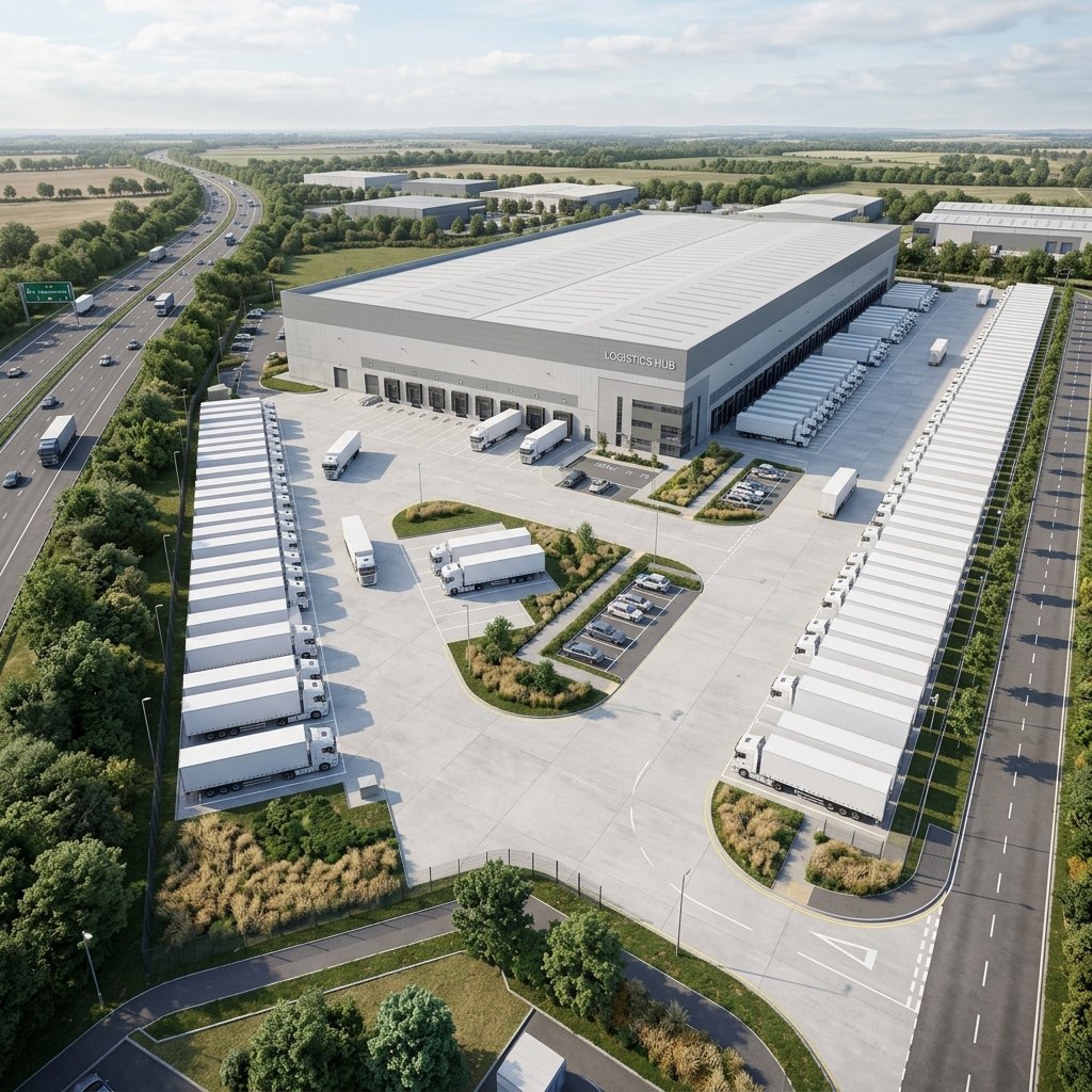 Warehouse CGI showing the same fulfilment hub shell with dual-yard cross-dock activity, proving two-sided throughput without changing the approved envelope.