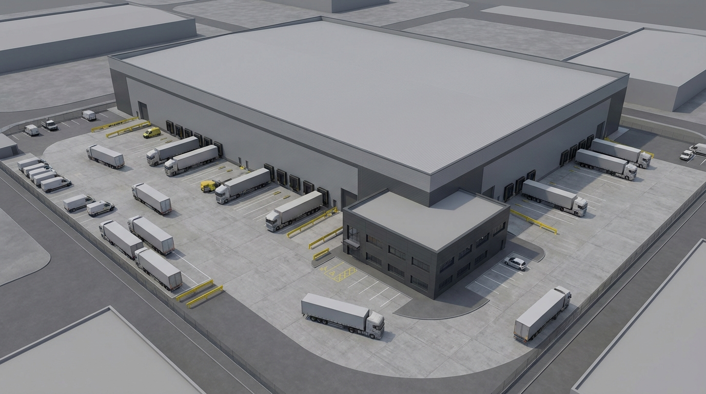 Warehouse CGI showing the same fulfilment hub shell with standard throughput, proving a conventional 3PL and retail-distribution operating mode.