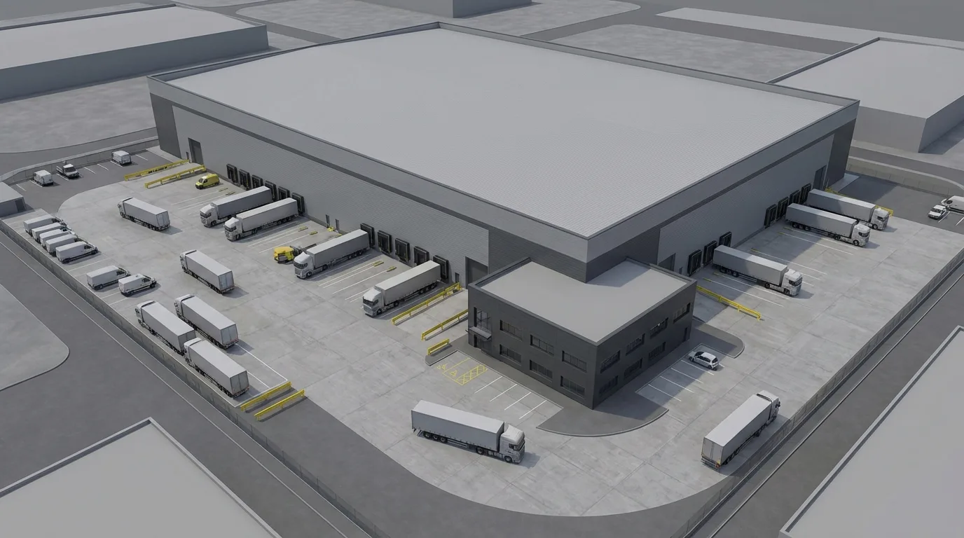 Fulfilment centre CGI, oblique aerial massing view of a rectangular distribution shed with dock bays filled by white articulated trailers on three elevations, a detached two-storey office block in the concrete service yard, and balanced trailer activity for a standard throughput operating state, industrial architectural visualisation by StratumCGI