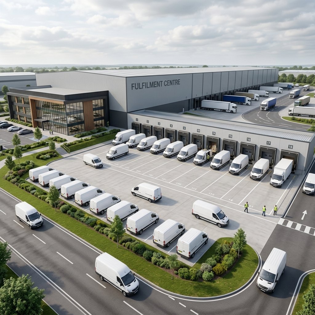 Warehouse CGI showing the same fulfilment hub shell with van-heavy e-commerce dispatch, proving a faster final-mile operating mode in the same building.