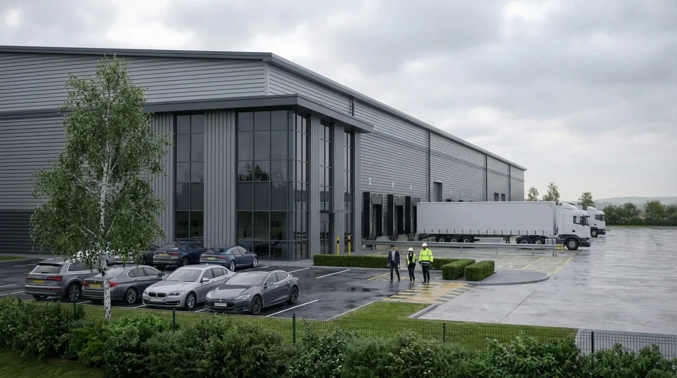 Warehouse and logistics CGI sector cover, UK Golden Triangle Grade A big-box distribution by StratumCGI